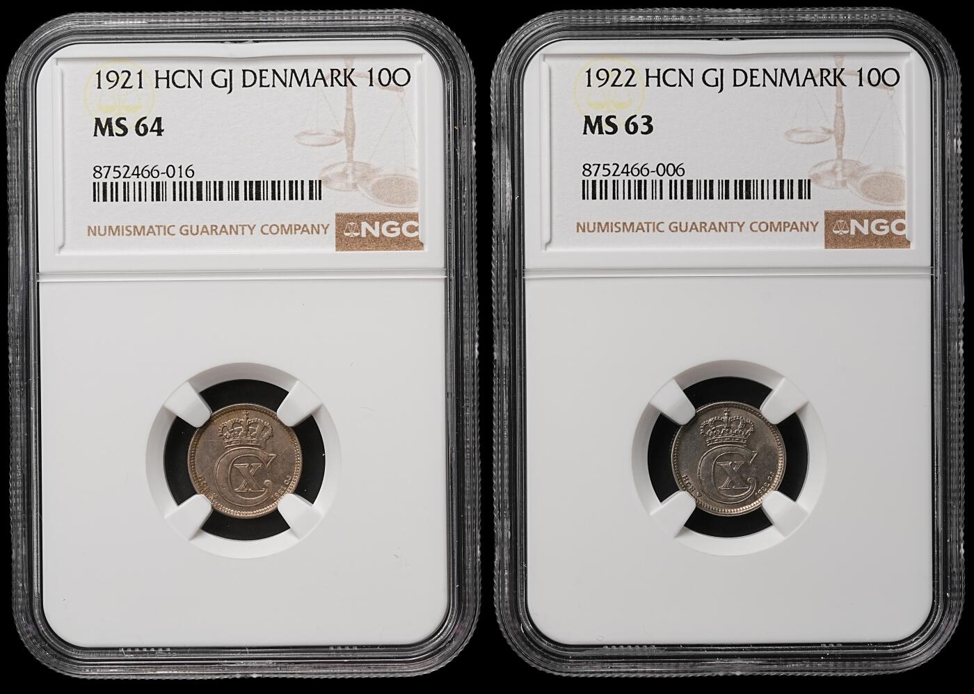 修遠堂世界钱币第109期 NGC评级，1921-1922年丹麦10欧尔镍币2枚