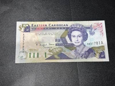 《外钞收藏家》第六百二十期（畅拍场）（长期征集拍品、欢迎藏友们联系合作） - AA冠 东加勒比女王50元 非全新 品相如图