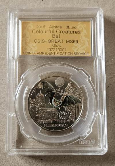 【币将精彩】世界钱币拍卖（2026-4-1） - 奥地利2016年多彩生物系列首枚蝙蝠3欧元彩色铜镍纪念币信泰评级有氧化