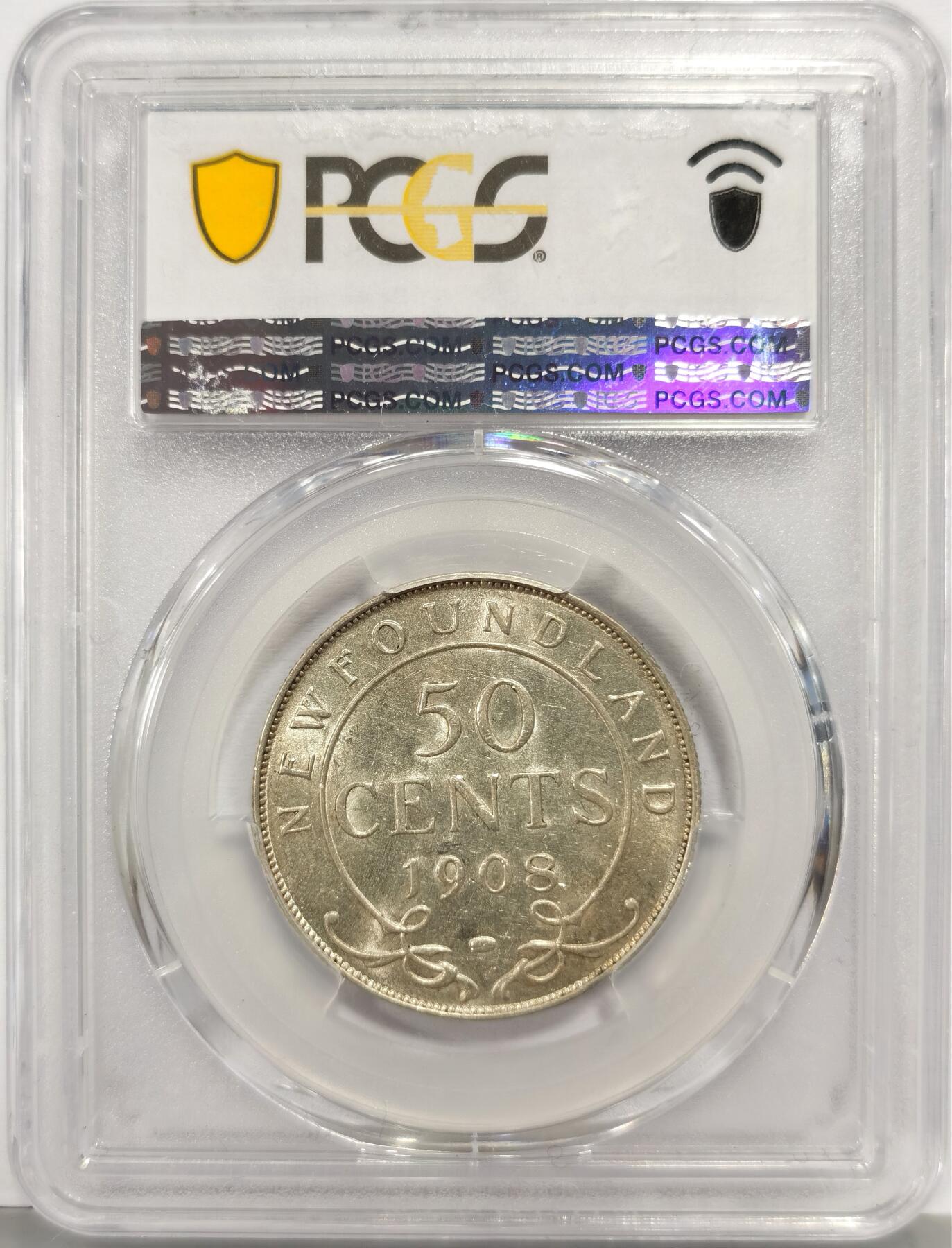 博洋堂“芳菲春韵”3月精品大拍专场暨第166期（全场包邮） PCGS AU53 英属纽芬兰1908年爱德华七世50分银币，好品难觅，原光低评了