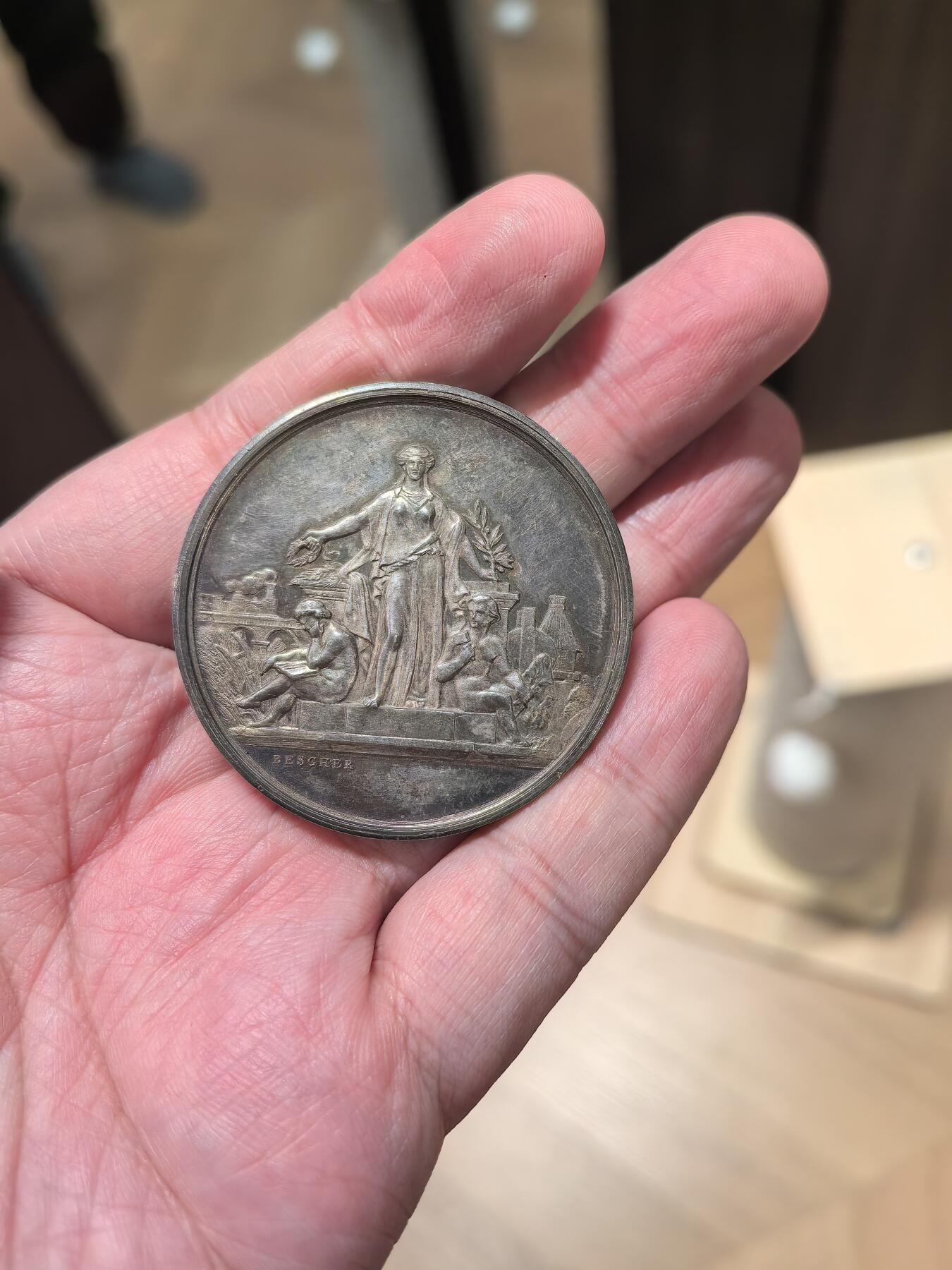 欧洲银章铜章 带原装原盒的1885年巴约讷博览会银质奖章纯银银章50克