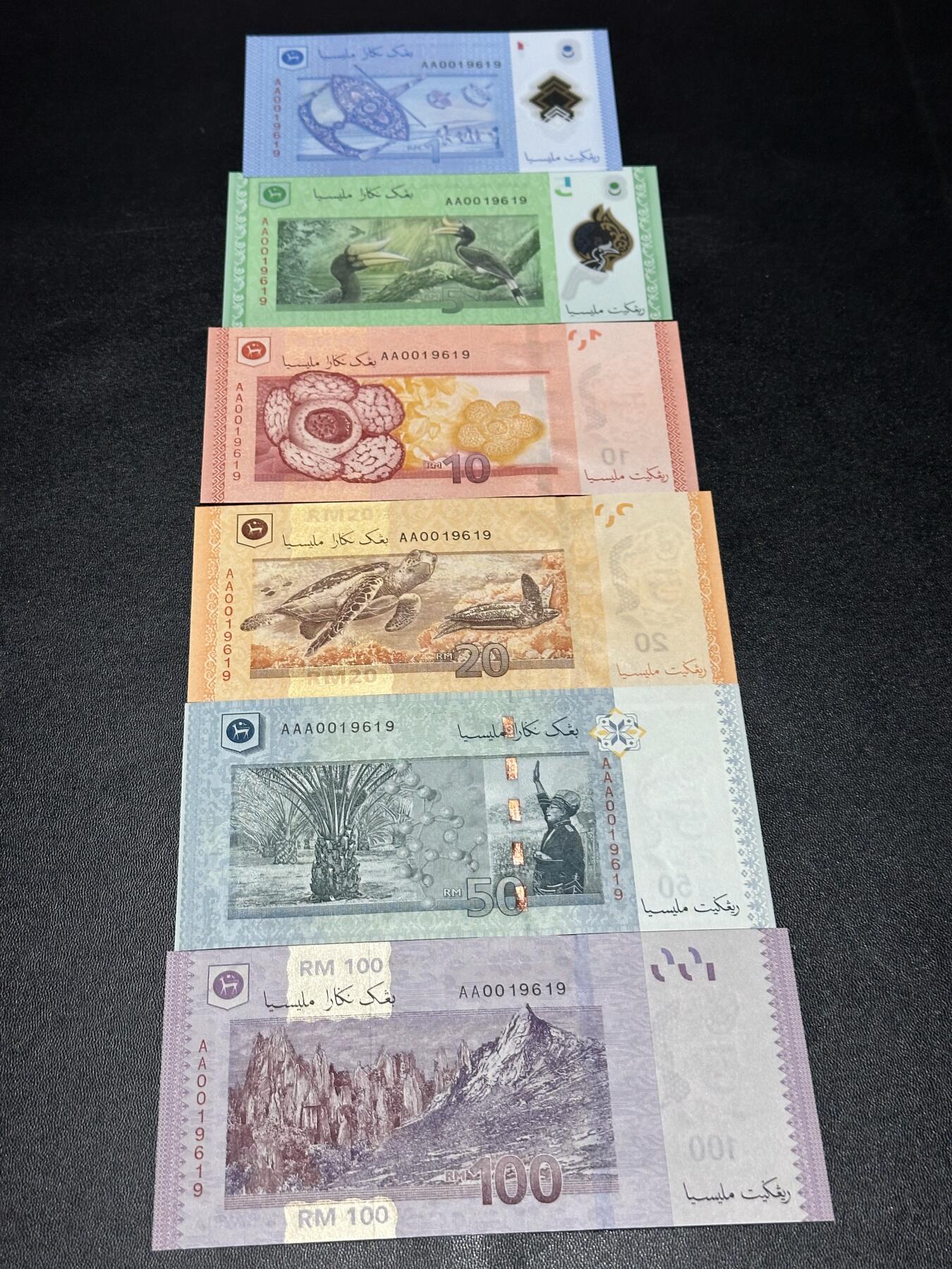 《外钞收藏家》第六百二十期（畅拍场）（长期征集拍品、欢迎藏友们联系合作） 马来西亚1-100林吉特 五张一起 全新 AA冠 全同号19619 生日号 倒置号