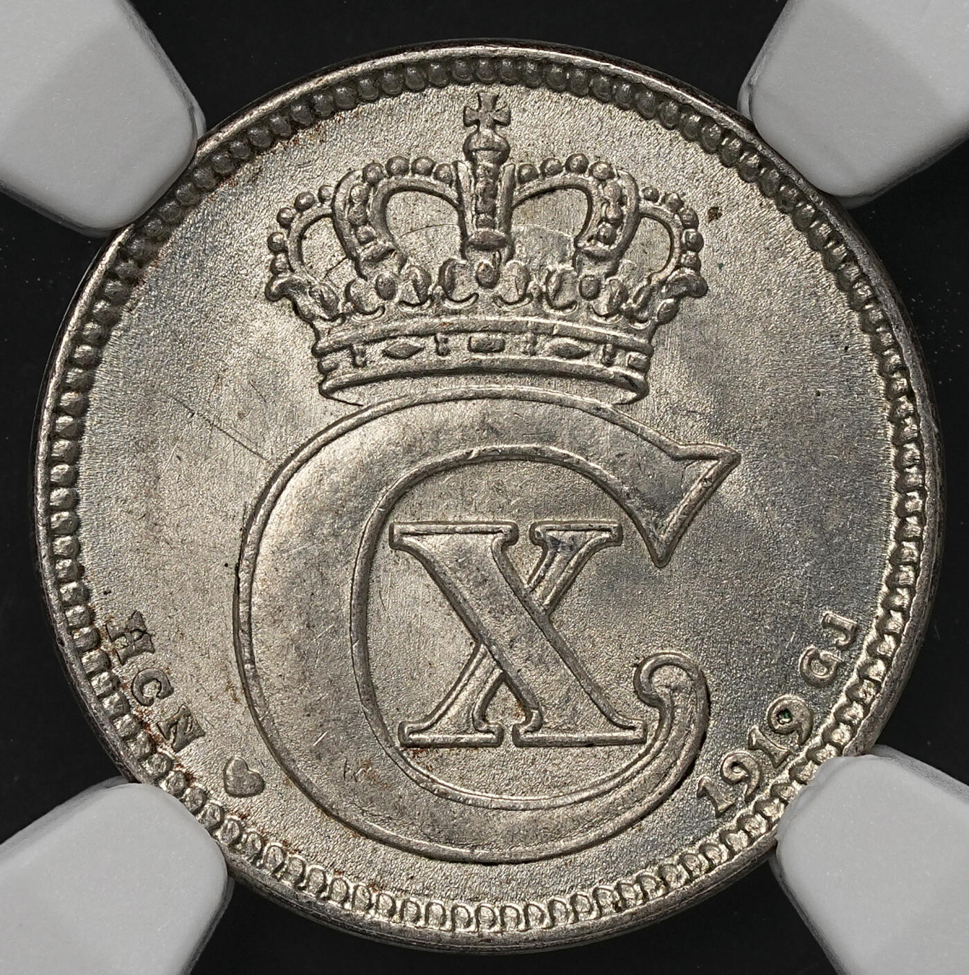 修遠堂世界钱币第109期 NGC MS65 1919年丹麦25欧尔银币