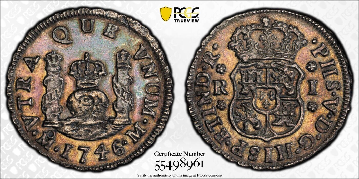 博洋堂“芳菲春韵”3月精品大拍专场暨第166期（全场包邮） PCGS AU 西属墨西哥1746年MO M菲利普五世地球双柱1R银币，打制完美，五彩包浆，名家旧藏加持