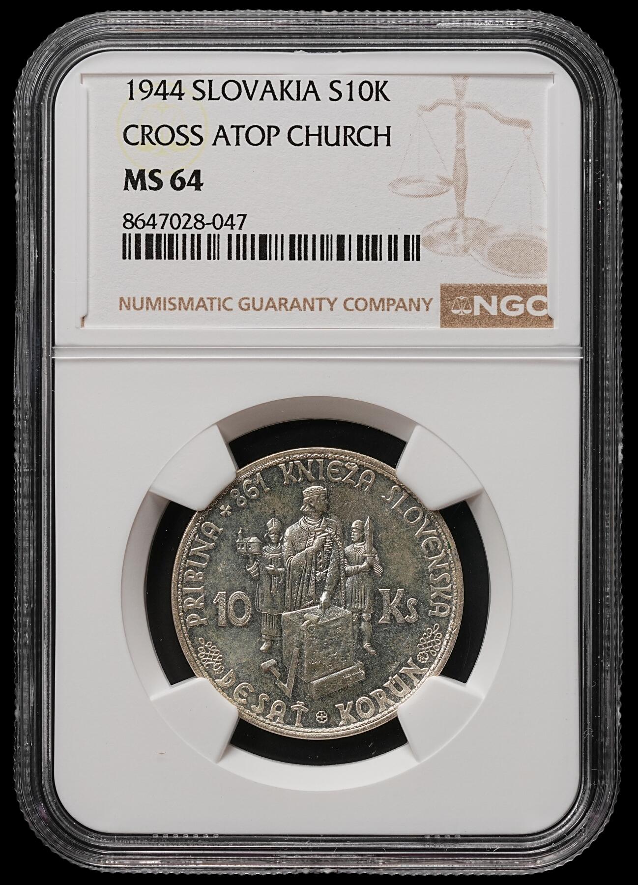 修遠堂世界钱币第109期 NGC MS64  1944年斯洛伐克普里比纳亲王10克朗纪念银币