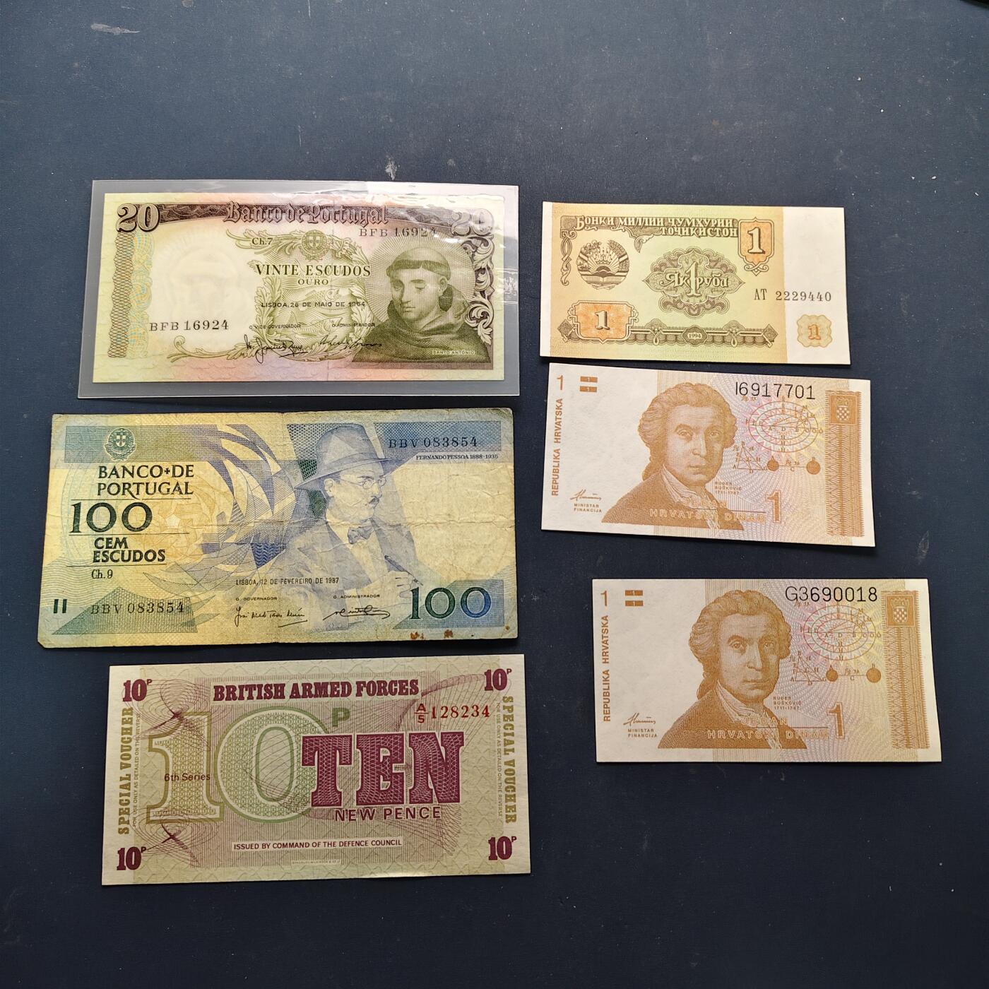 【全场包邮】纯粹捡漏拍514场 【纸钞】葡萄牙+塔吉克斯坦+克罗地亚+英军代币各年份各面值非全新纸钞6枚一组（有塑封）