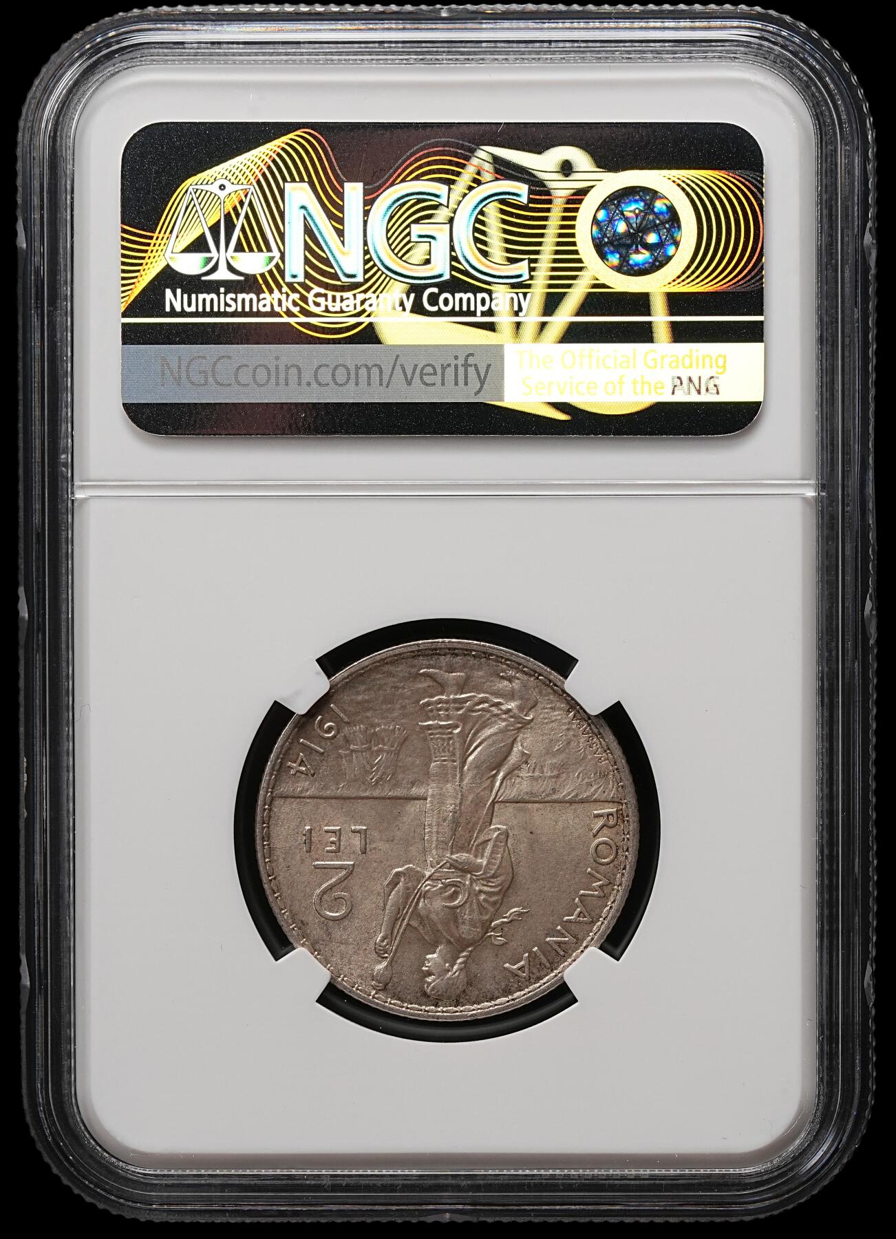 修遠堂世界钱币第109期 NGC MS65 1914年罗马尼亚 卡罗尔一世2列依银币