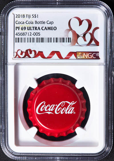 【俄甄集藏】2026年(050)04-01星期三 晚 19:30 全场包邮 - 斐济2018年可口可乐瓶盖英文版1元精制彩绘银币，NGC PF69UC，重6克，999银，首年份