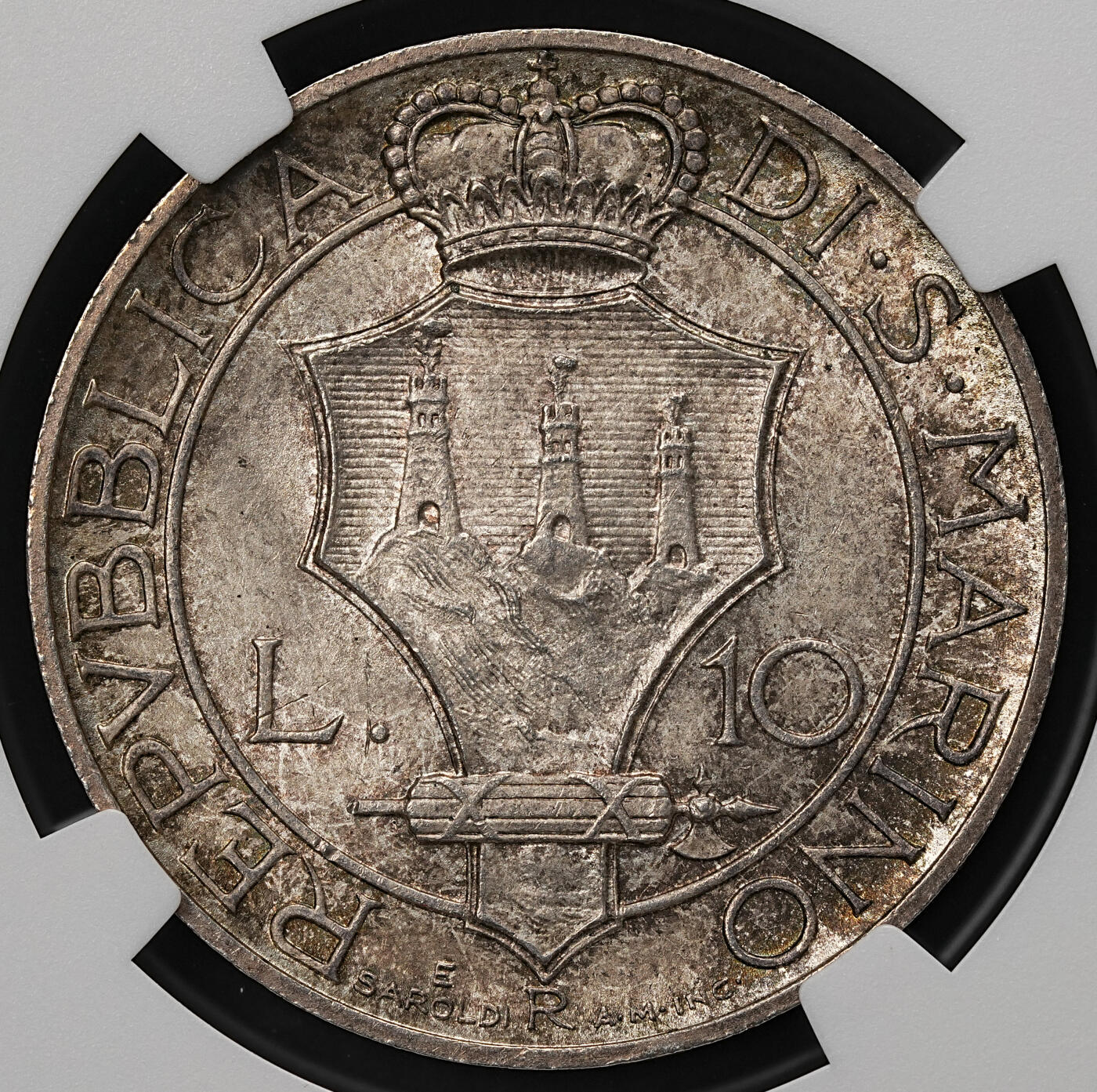 修遠堂世界钱币第109期 NGC MS64 1931年圣马力诺10里拉银币，纸袋包浆