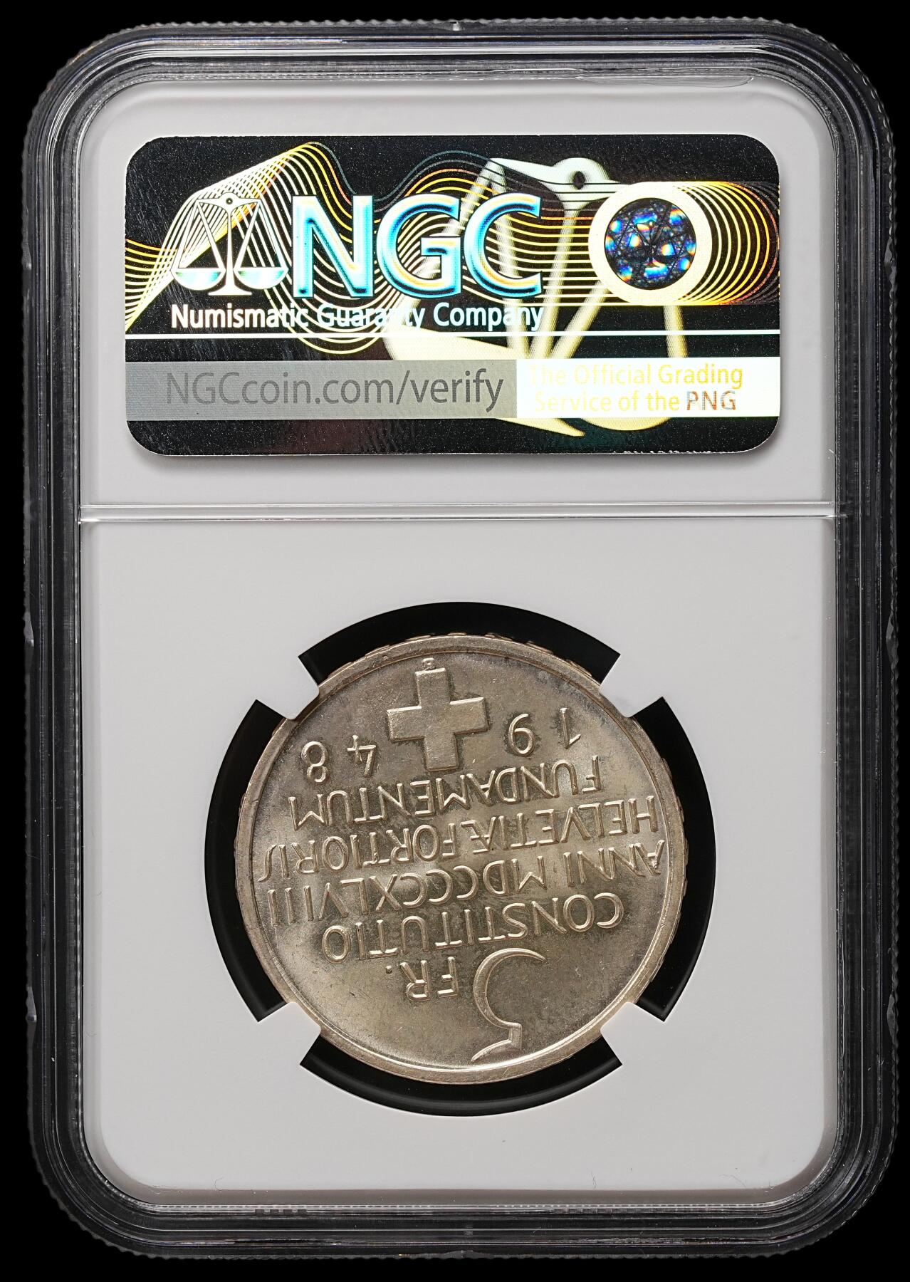 修遠堂世界钱币第109期 NGC MS65 1948年瑞士联邦宪法百年5法郎纪念银币
