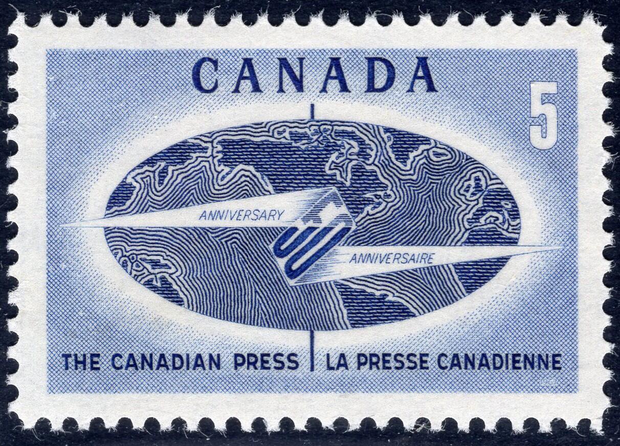 洪涛臻品批发群 精选邮票限时拍卖第1294期  加拿大1959年 新闻收集和分发服务50周年纪念 1全新 精美雕刻版, 原胶完美润亮 相当难得的品相, 漂亮