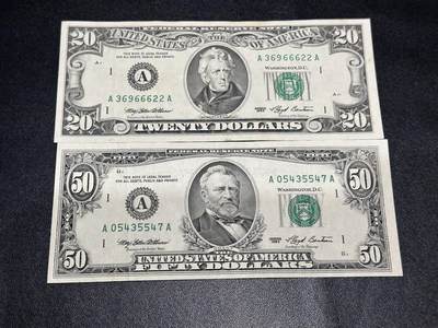 《外钞收藏家》第六百二十期（畅拍场）（长期征集拍品、欢迎藏友们联系合作） - 1993年美国小头版20和50美元 2张一起 非全新 AA冠