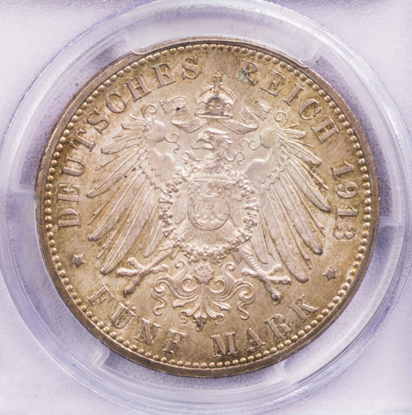 PCGS-MS66 1913汉堡5马克 冠军顶级状态