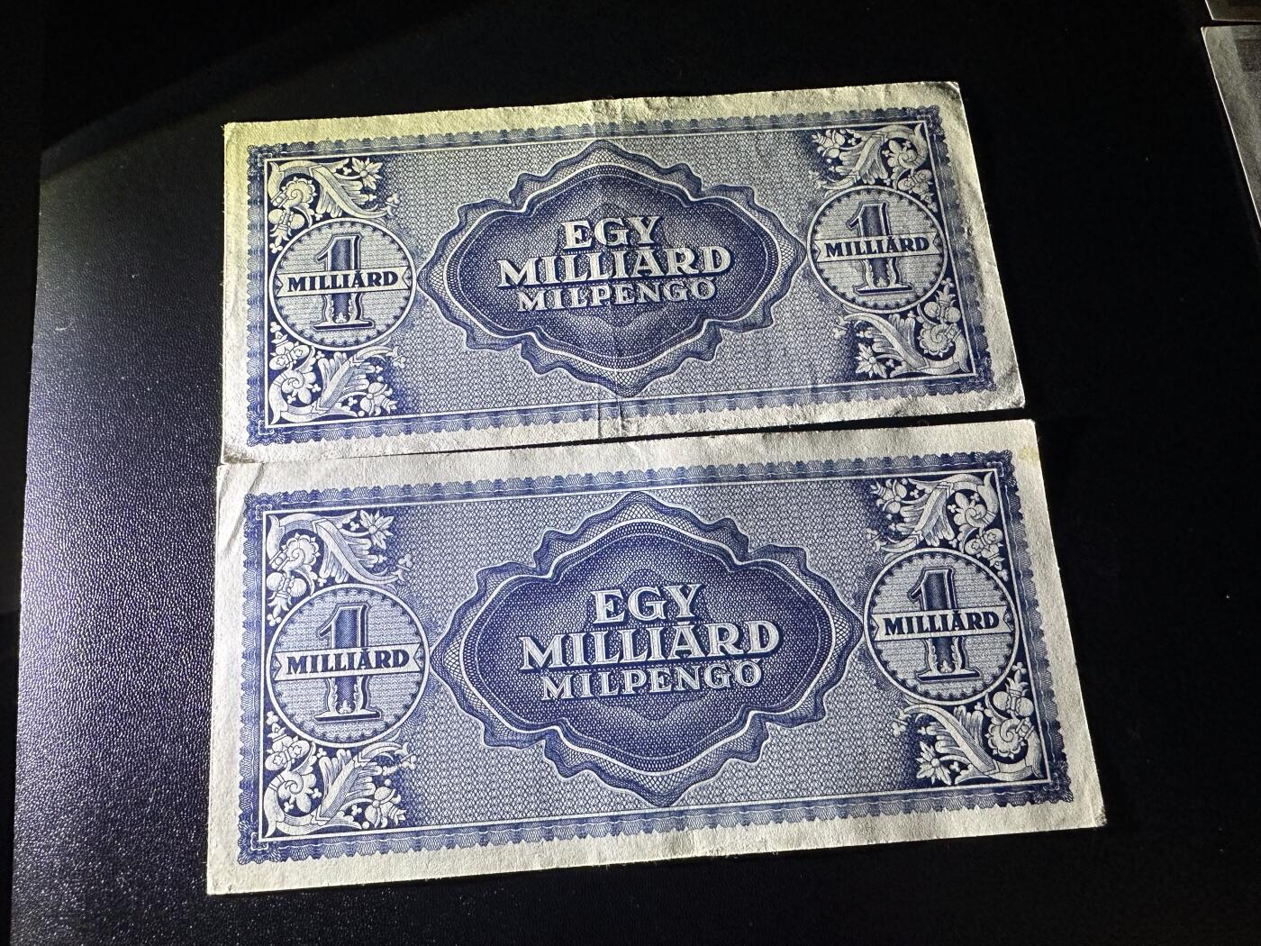 《外钞收藏家》第六百二十期（畅拍场）（长期征集拍品、欢迎藏友们联系合作） 1946年 匈牙利10亿潘戈 2张一起 非全新 品相如图