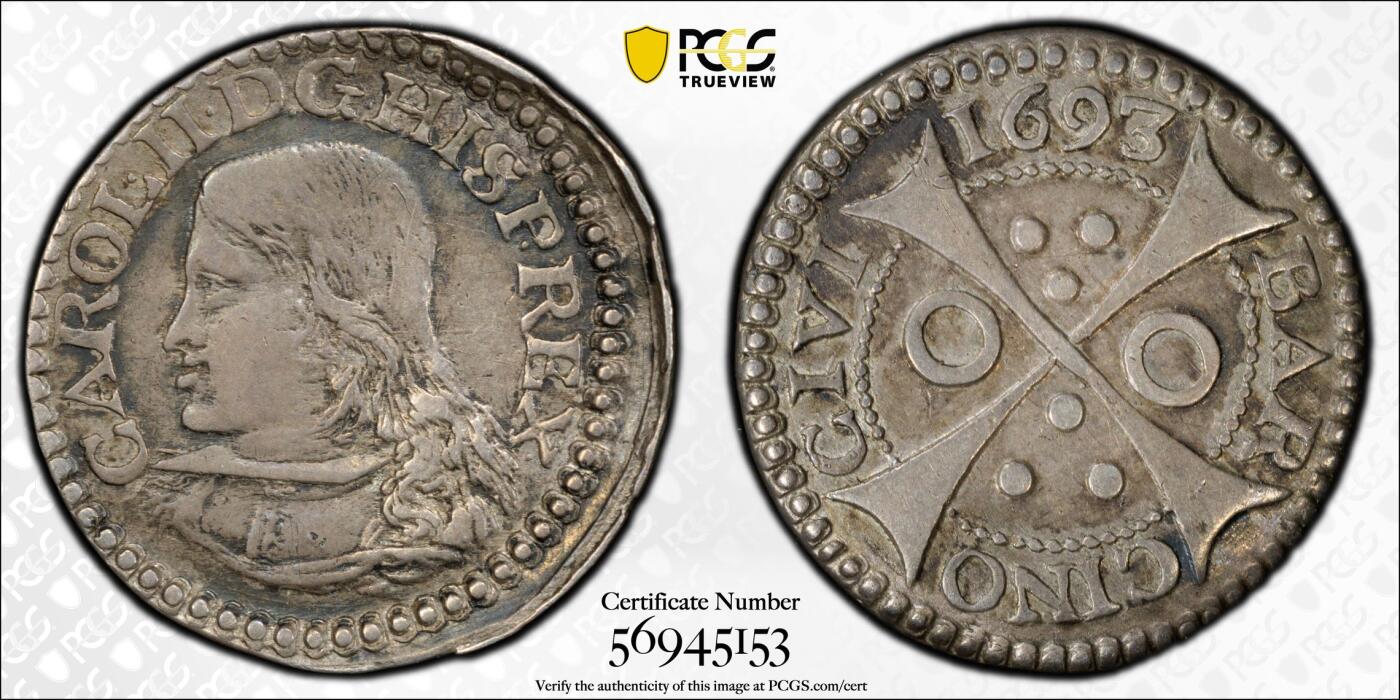 博洋堂“芳菲春韵”3月精品大拍专场暨第166期（全场包邮） PCGS AU55 西班牙1693年巴塞罗那造币厂卡洛斯二世克罗特（Croat）银币，稀见品种，仅有1枚更高分，名家旧藏