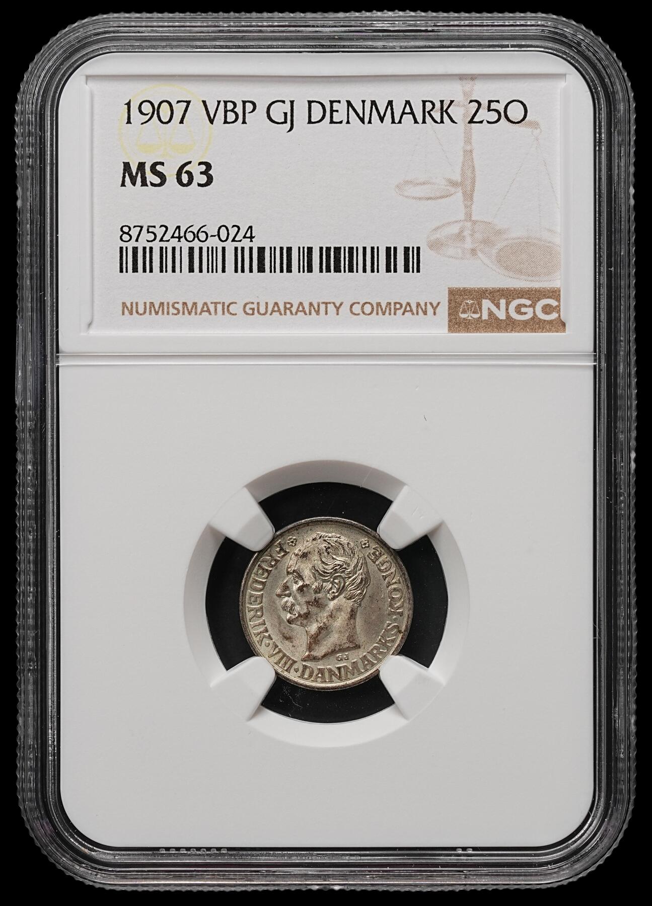 修遠堂世界钱币第109期 NGC MS63 1907年丹麦25欧尔银币