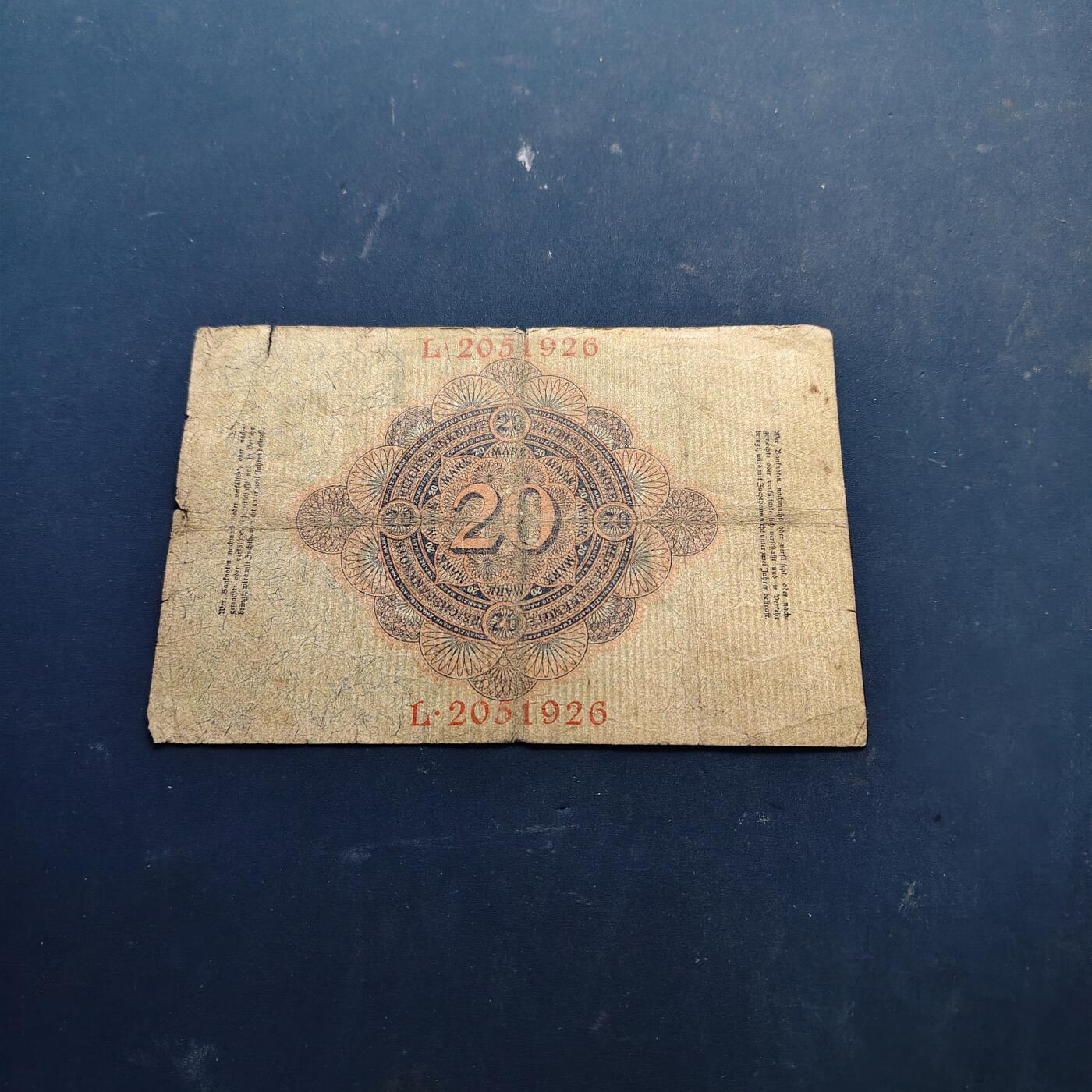 【全场包邮】纯粹捡漏拍514场 【纸钞】德国第二帝国1913年20马克非全新纸钞