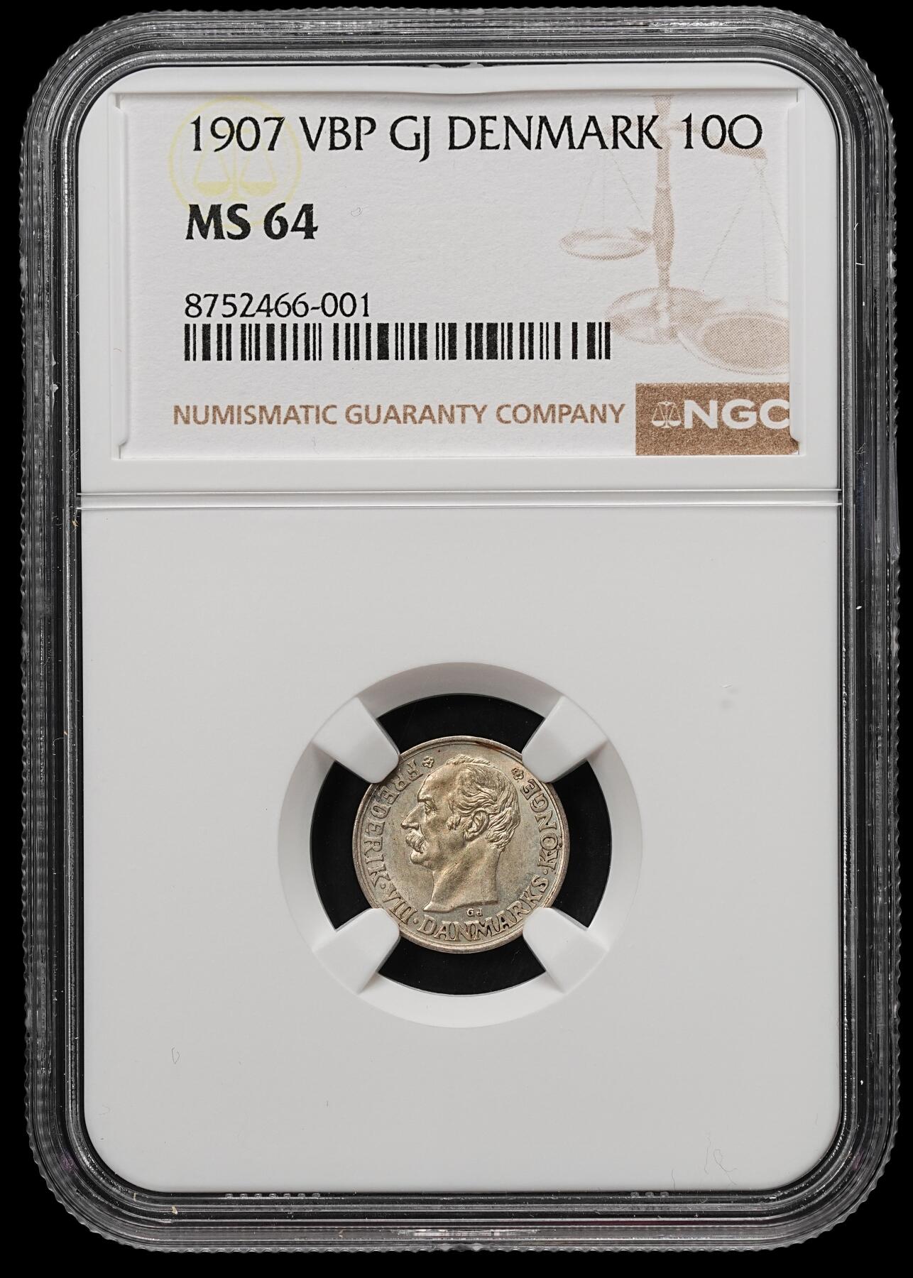 修遠堂世界钱币第109期 NGC MS64 1907年丹麦10欧尔银币