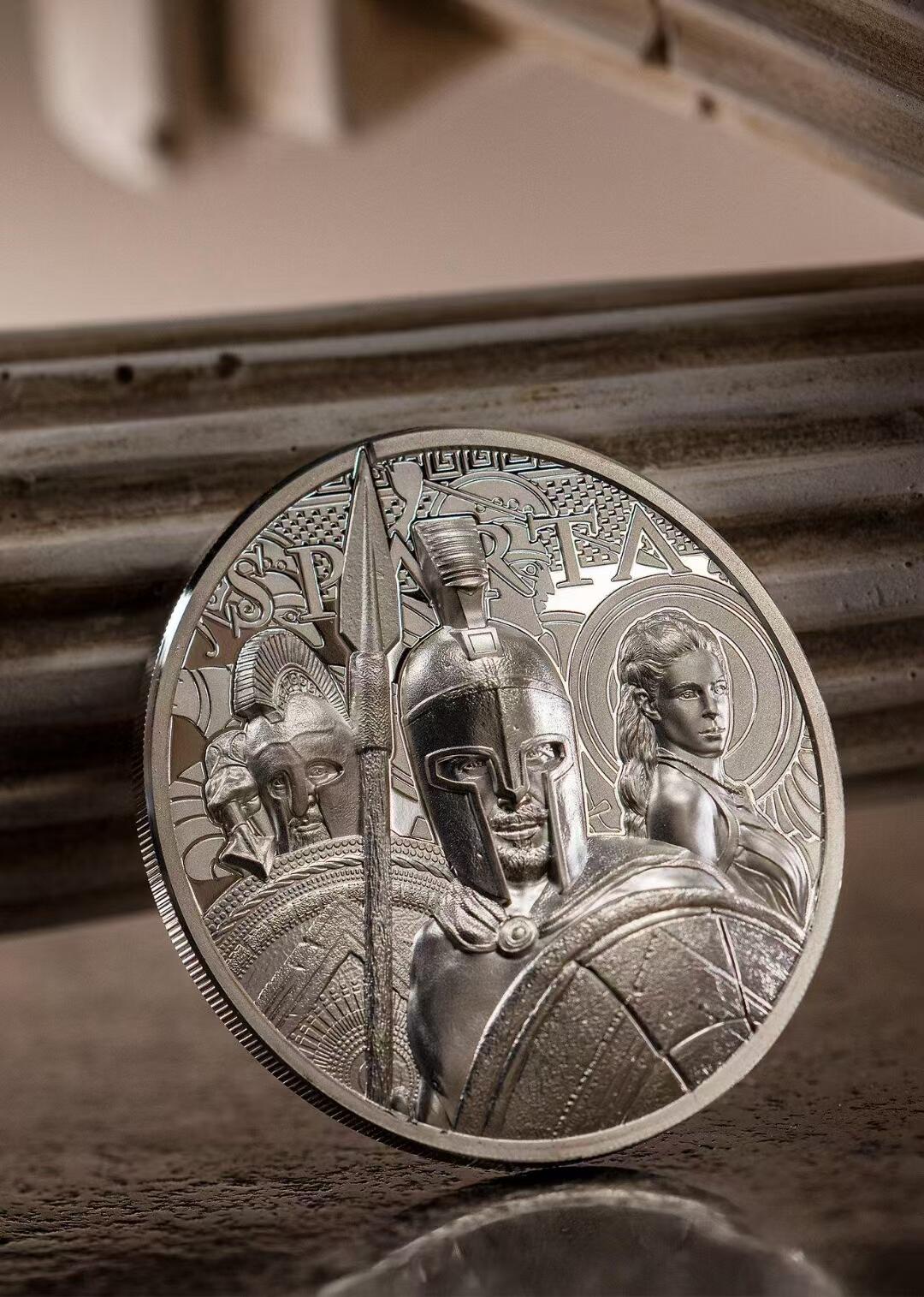 【币将精彩】世界钱币拍卖（2026-4-8） 库克2022年斯巴达勇士双面高浮雕银币  999银1盎司，直径38.61毫米，发行1500枚，带证书包装。