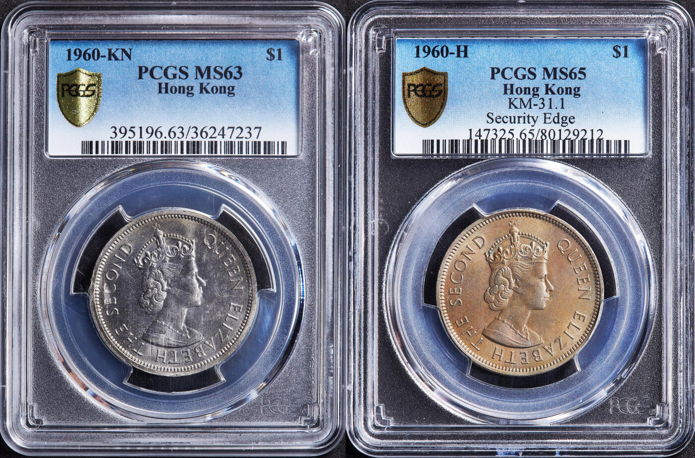 【俄甄集藏】2026年(050)04-01星期三 晚 19:30 全场包邮 中国香港1960年伊拉莎白二世KN版、H版高冠壹元硬币不同版2枚一组，PCGS MS63/MS65，原光品相