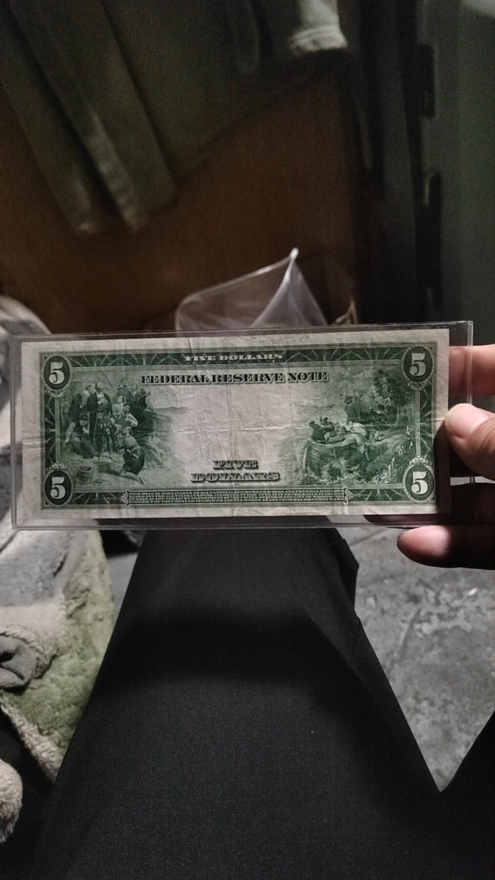 1914年5美元，早期美联储券，大尺寸版，品相如图