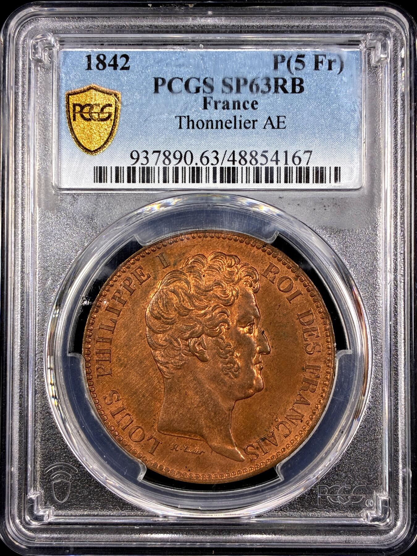 【雨安】【直播拍卖】【第0130期-评级币章】2026-03-28 周六 19:30 (金价981.33, 银价17.11) [评级法国] France 法国 样币 5法郎 1842年 菲利普 PCGS-SP63 稀少铜样