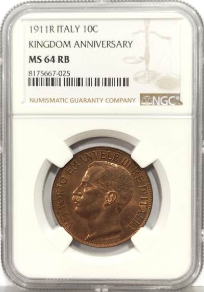 博洋堂“芳菲春韵”3月精品大拍专场暨第166期（全场包邮） - NGC MS64RB 意大利1911年10分名誉品托奶铜币。该款高浮雕精美女神像引领历届拍卖高价。