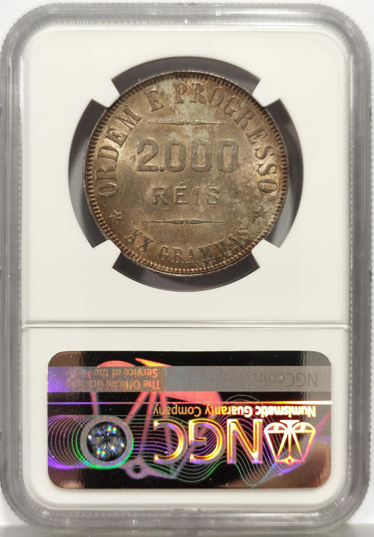 博洋堂“芳菲春韵”3月精品大拍专场暨第166期（全场包邮） NGC MS62 巴西1911年2000瑞斯银币，五彩包浆，转光好品，极其少见的品种，MS难得，南美主币，凑套必备。