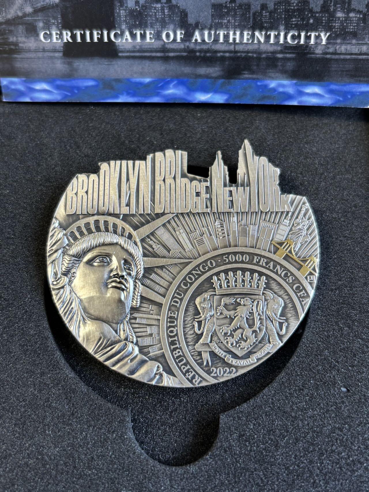 第195期拍卖 刚果2022年世界桥梁系列布鲁克林大桥5盎司银币，999银，发行750枚