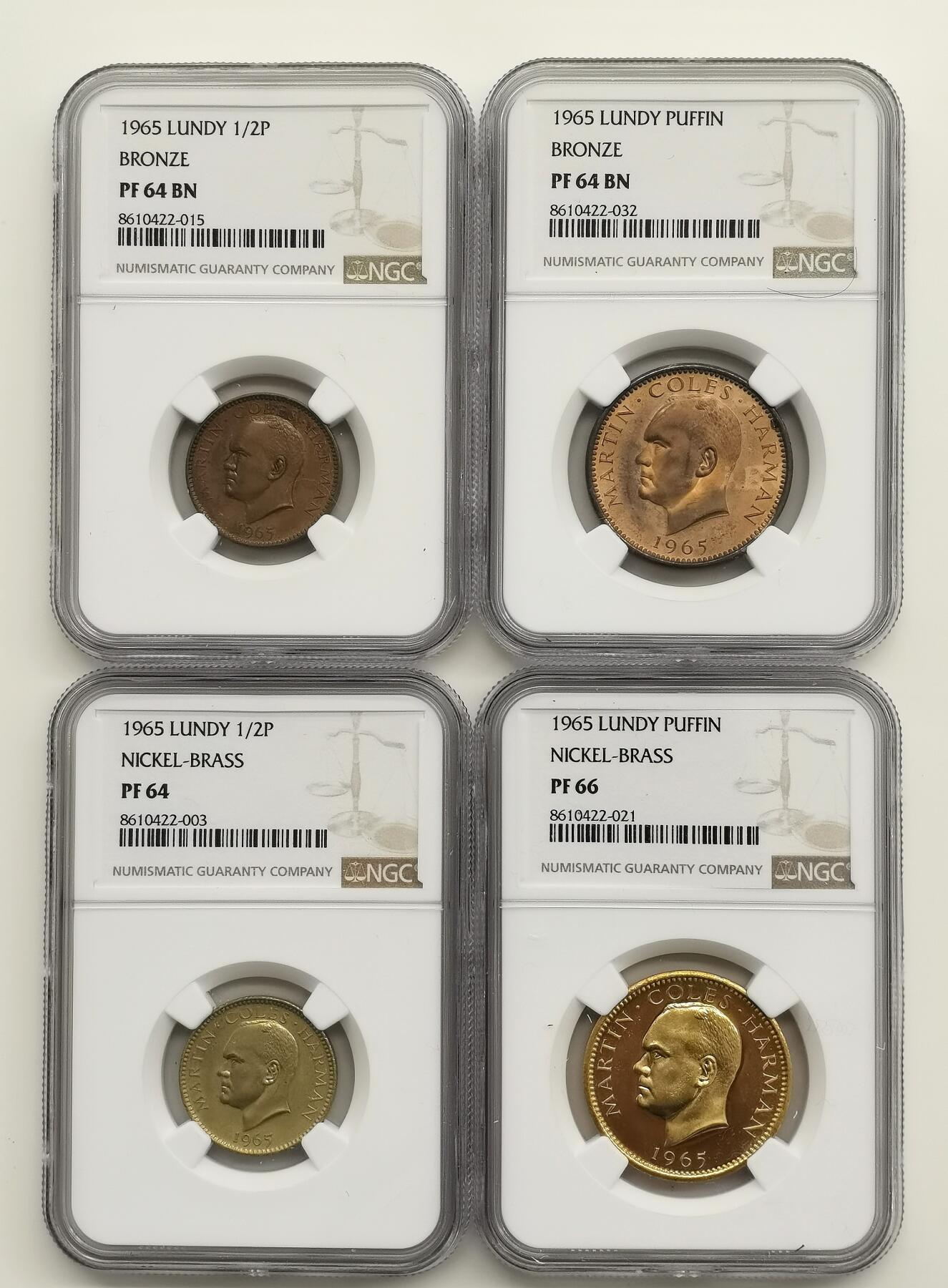 博洋堂“芳菲春韵”3月精品大拍专场暨第166期（全场包邮） NGC PF64-66 英国伦迪岛1965年半普分.1普分铜币4枚一套 带原盒证书 稀少