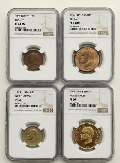 博洋堂“芳菲春韵”3月精品大拍专场暨第166期（全场包邮） - NGC PF64-66 英国伦迪岛1965年半普分.1普分铜币4枚一套 带原盒证书 稀少