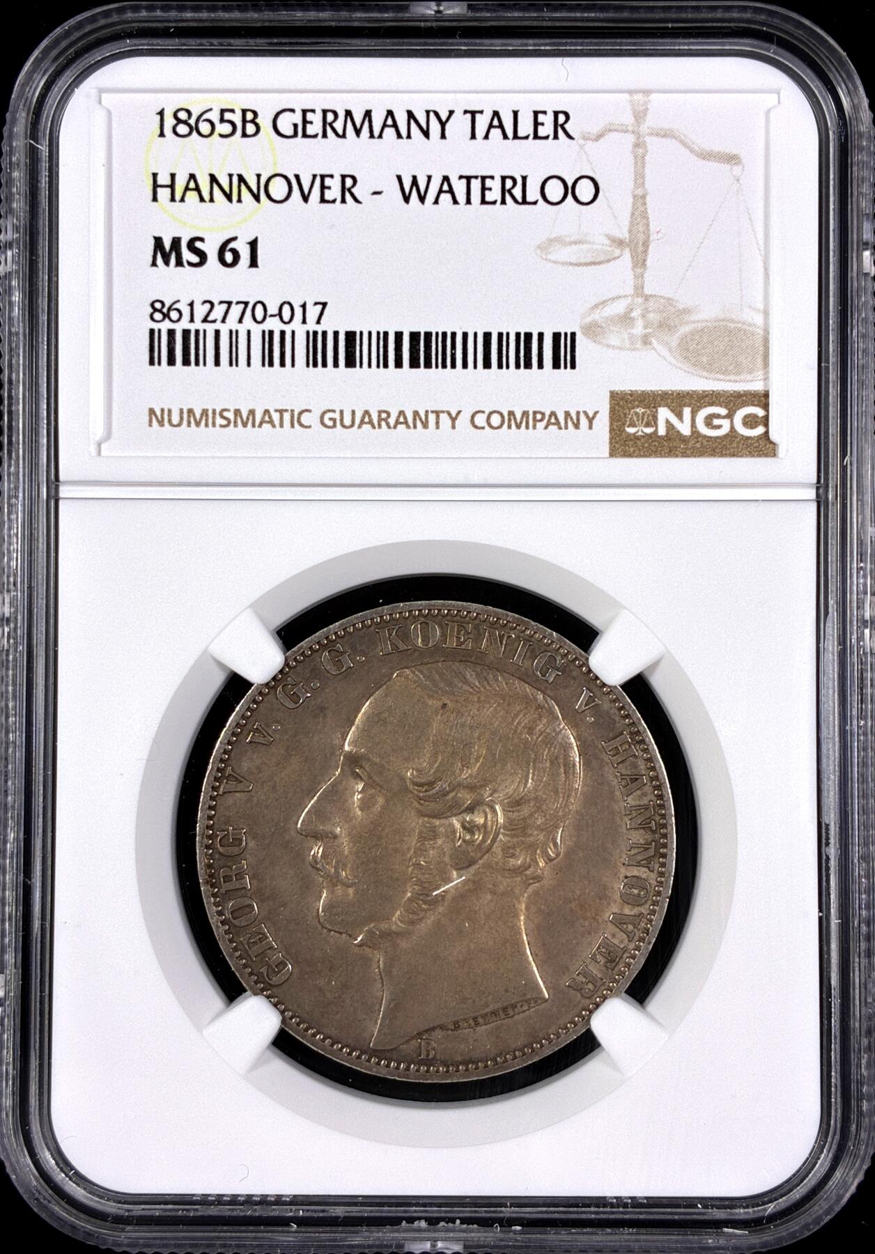 【雨安】【直播拍卖】【第0130期-评级币章】2026-03-28 周六 19:30 (金价981.33, 银价17.11) [评级德国] Germany 德国 德意志 1泰勒 Hannover汉诺威 Thun.176 KM#0241 (1865) 滑铁卢 1865年  NGC-MS61 均匀淡美包浆