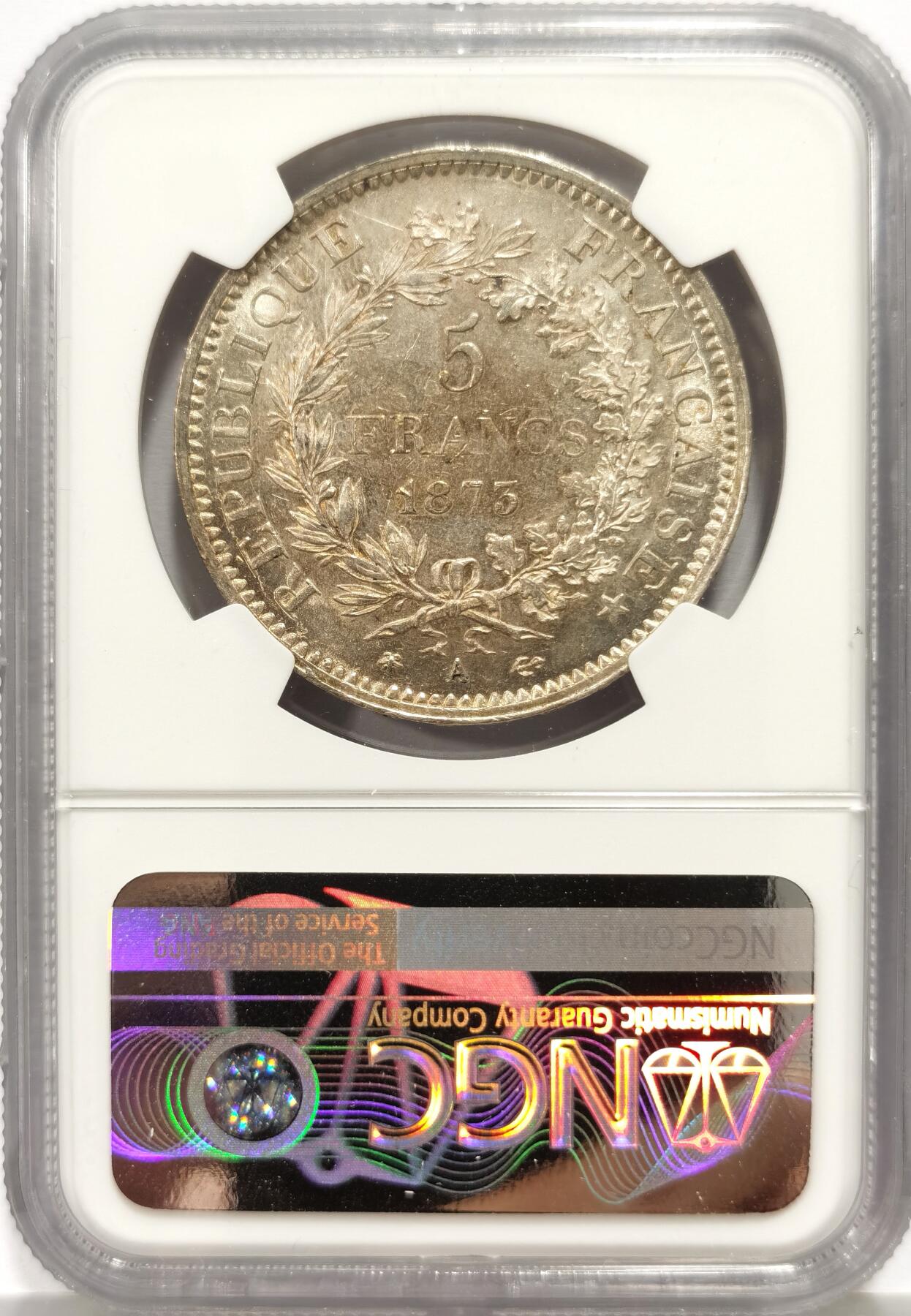 博洋堂“芳菲春韵”3月精品大拍专场暨第166期（全场包邮） NGC MS62 法国1873年大力神5法郎大银币，经典品种，极美五彩，高品质的一枚。