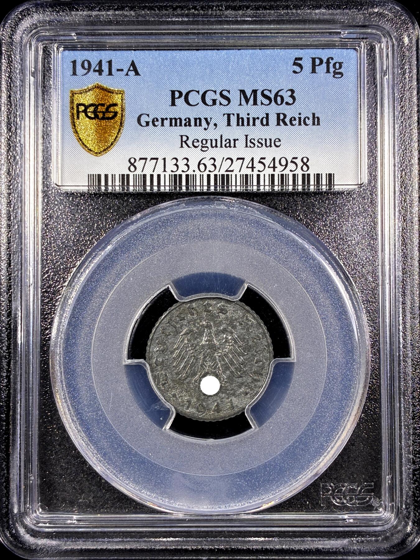 【雨安】【直播拍卖】【第0130期-评级币章】2026-03-28 周六 19:30 (金价981.33, 银价17.11) [评级德国] Germany 德国 第三帝国 5芬尼 1941年  PCGS-MS63