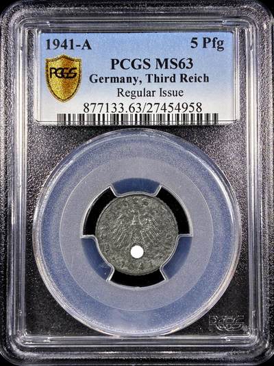 【雨安】【直播拍卖】【第0130期-评级币章】2026-03-28 周六 19:30 (金价981.33, 银价17.11) - [评级德国] Germany 德国 第三帝国 5芬尼 1941年  PCGS-MS63