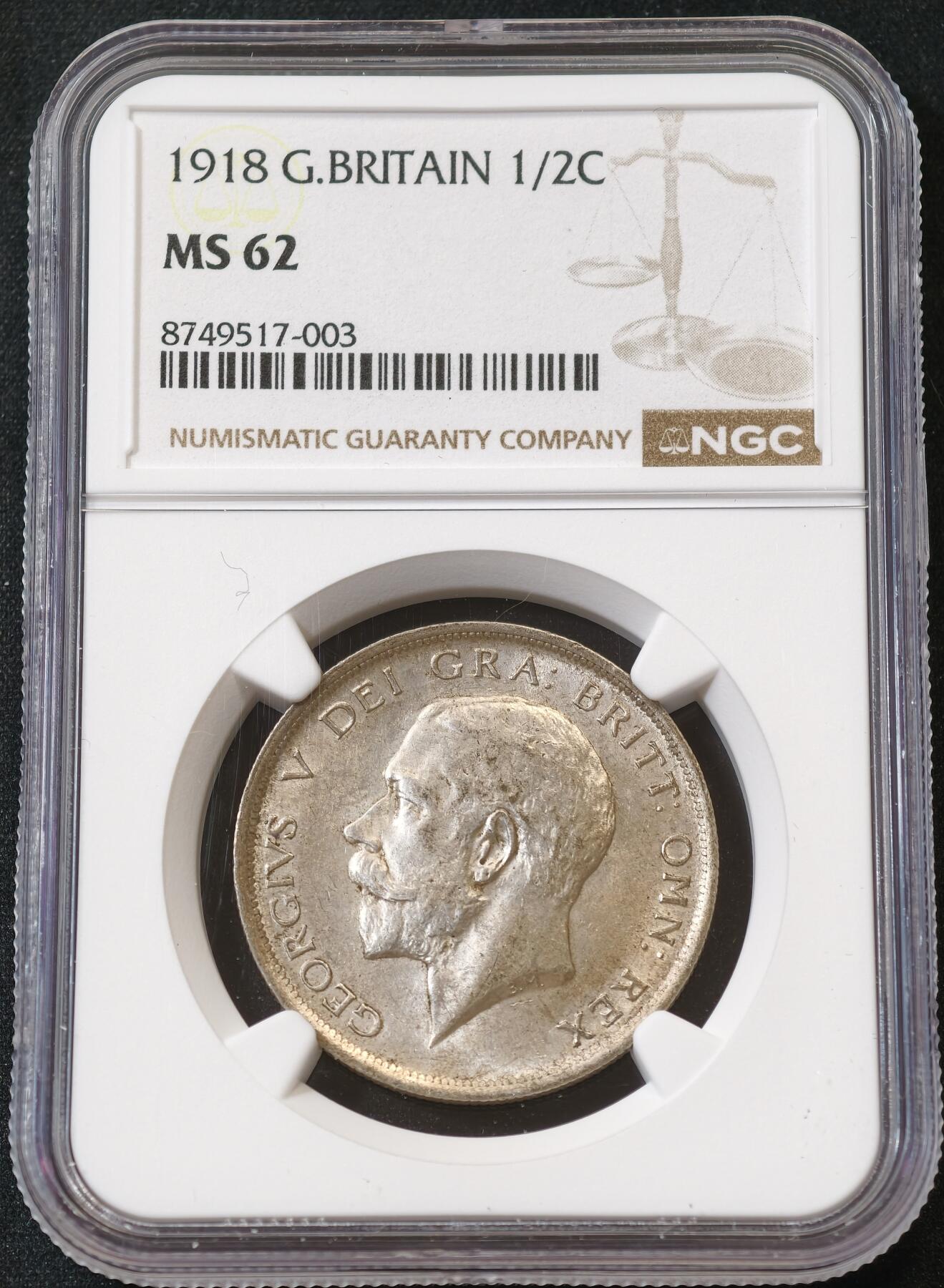 甄臻铺-世界币章拍卖（第56期），送拍享返佣金等优惠多多 NGC-MS62 1918年英国乔治五世半克朗，灰色包浆遮盖底板转光，低评