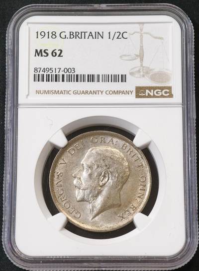 甄臻铺-世界币章拍卖（第56期），送拍享返佣金等优惠多多 - NGC-MS62 1918年英国乔治五世半克朗，灰色包浆遮盖底板转光，低评
