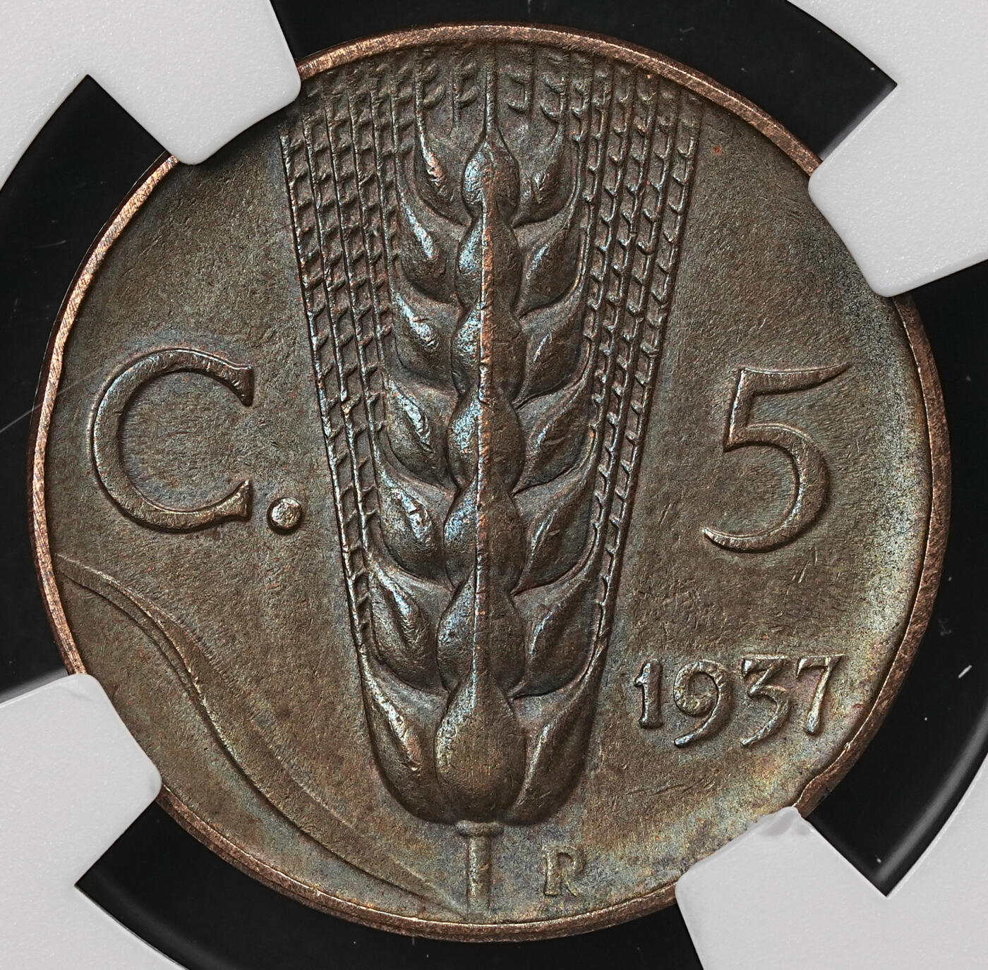 修遠堂世界钱币第109期 NGC AU55BN 1937年意大利5分铜币，最少见年份，大特年