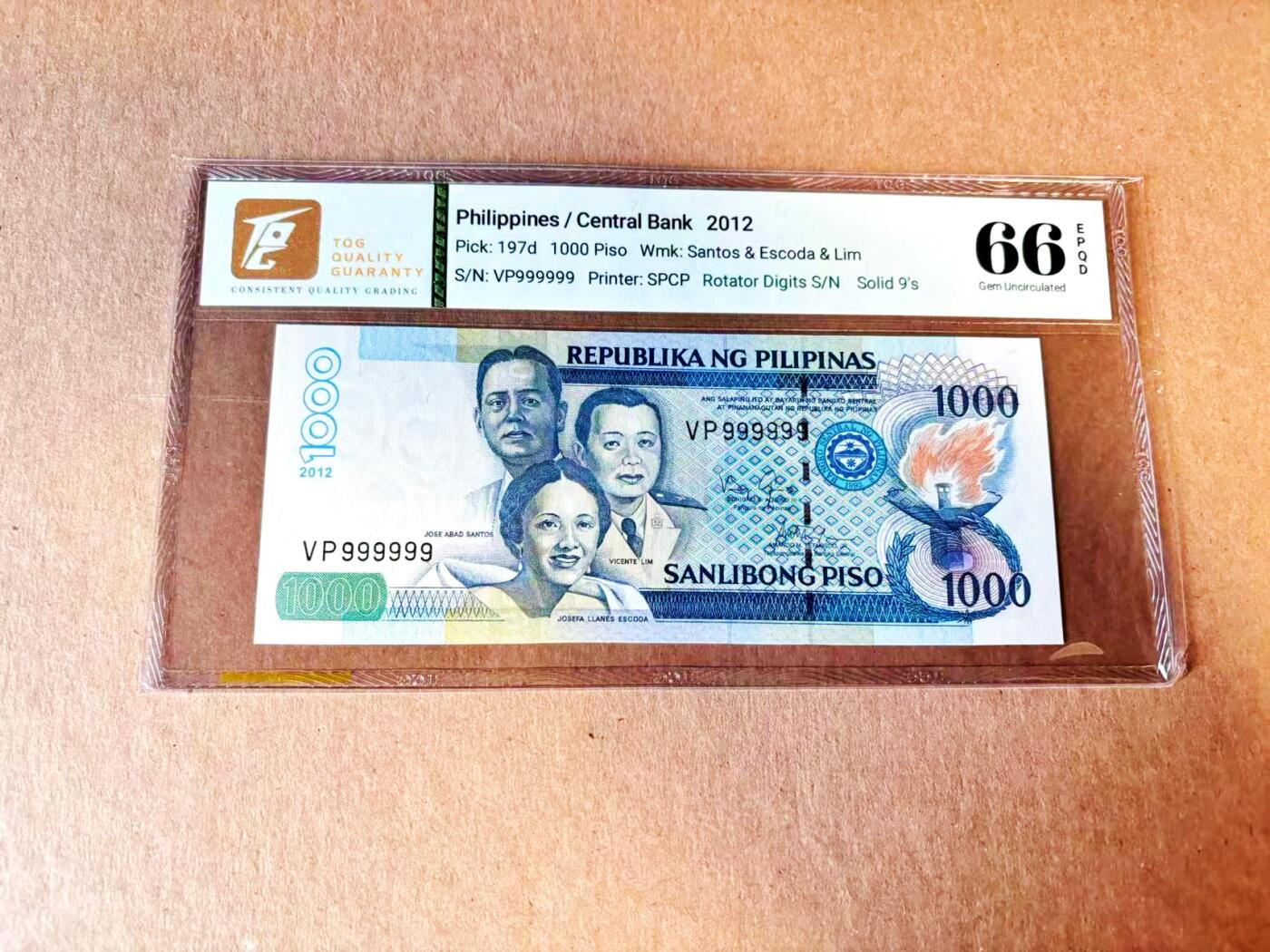 【Blue Auction】世界纸币精拍第799期——18级TOP拍卖/信誉/品质/专业/高效💫 【全同9】菲律宾 2012年1000比索 TQG66EPQ