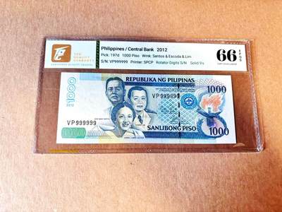 【Blue Auction】世界纸币精拍第799期——18级TOP拍卖/信誉/品质/专业/高效💫 - 【全同9】菲律宾 2012年1000比索 TQG66EPQ