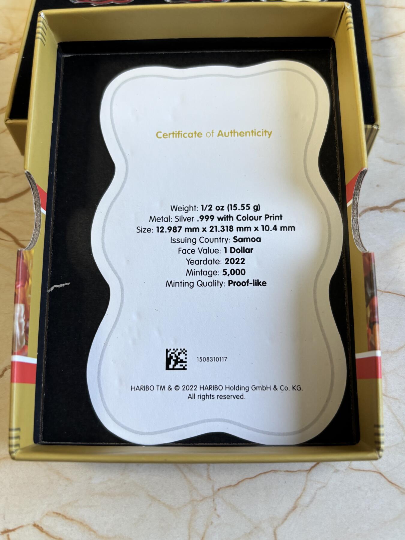 第195期拍卖 萨摩亚2022年哈瑞宝小熊软糖诞生百年彩银币6枚套，半盎司*6，发行5000套