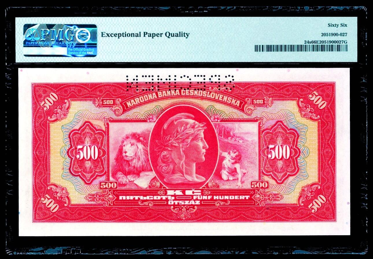 【Blue Auction】世界纸币精拍第799期——18级TOP拍卖/信誉/品质/专业/高效💫 【样钞】捷斯 1929年500克朗 大票幅 ABNC出品 雕刻精美 PMG66EPQ 