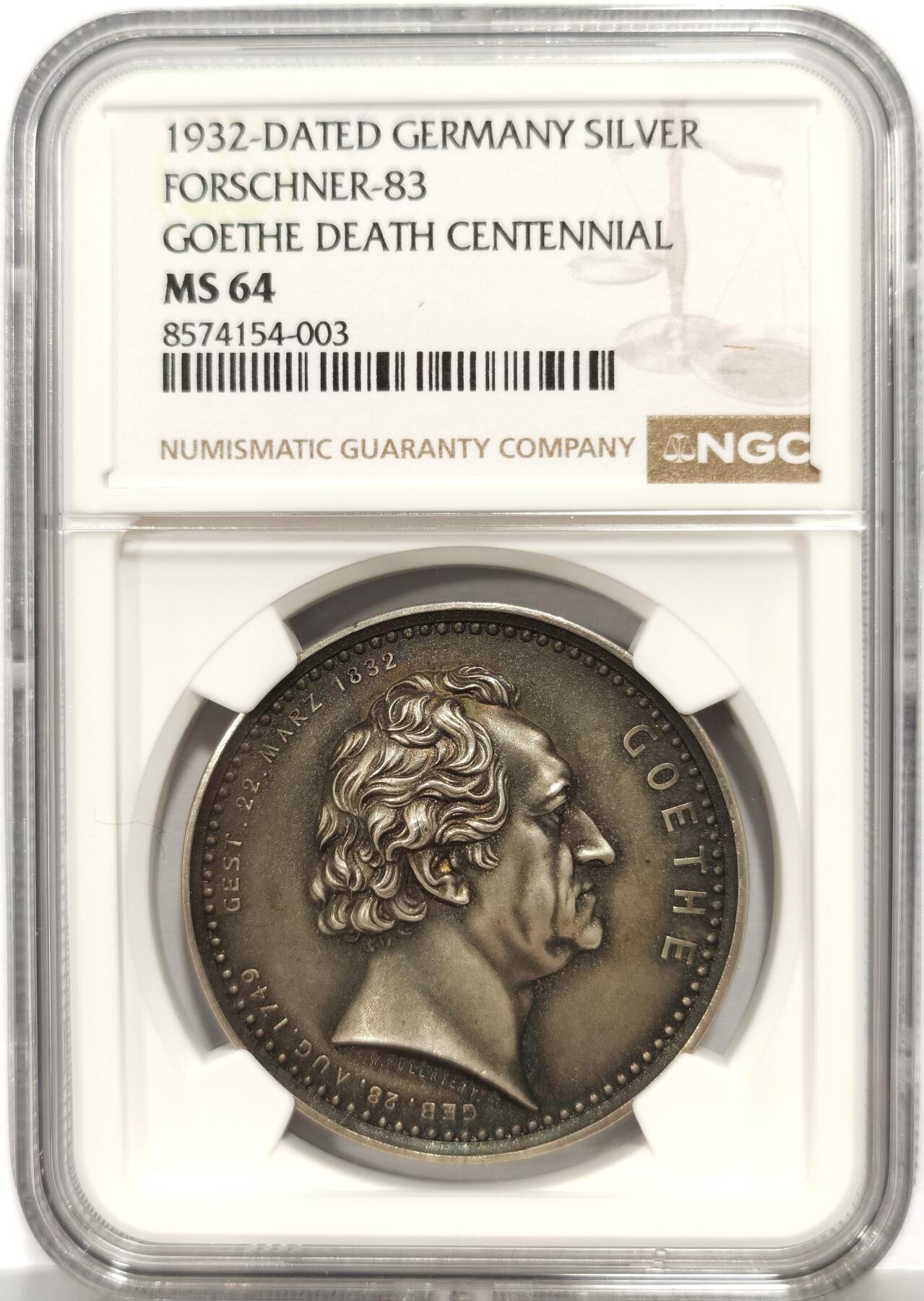 博洋堂“芳菲春韵”3月精品大拍专场暨第166期（全场包邮） NGC MS64 德国1932年纪念文学巨匠歌德逝世100周年，高浮雕大银章，经典的淡咖啡包浆，加厚评级盒装！