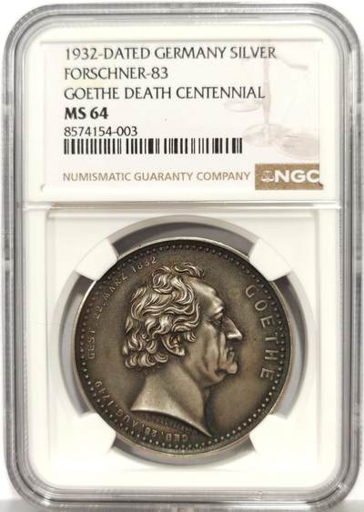博洋堂“芳菲春韵”3月精品大拍专场暨第166期（全场包邮） - NGC MS64 德国1932年纪念文学巨匠歌德逝世100周年，高浮雕大银章，经典的淡咖啡包浆，加厚评级盒装！
