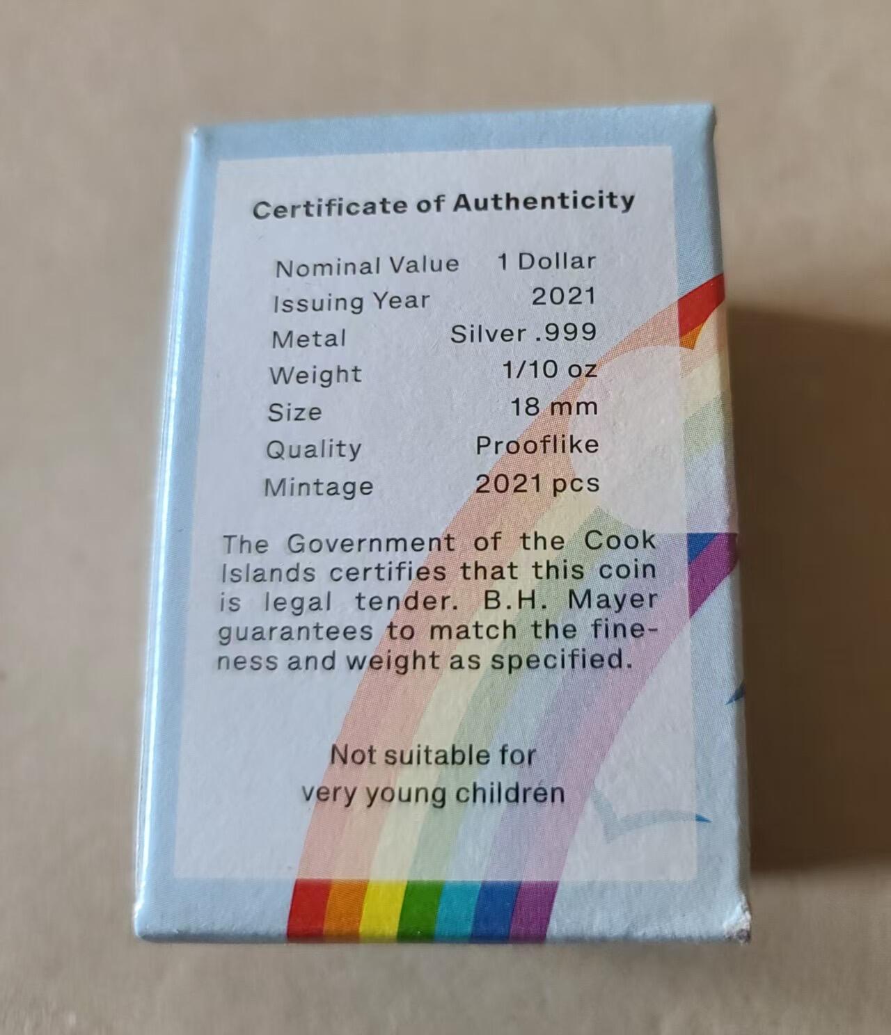 ❤️【币观天下】❤️ 第346期钱币拍卖场- 2026.3.27周五晚上6点半场 长期征集拍品  库克2021年气球上的爱水晶球彩色银币材质:999银1/10盎司直径:18毫米发行:2021枚奥地利原厂水晶球包装带证书(包装盒一体)