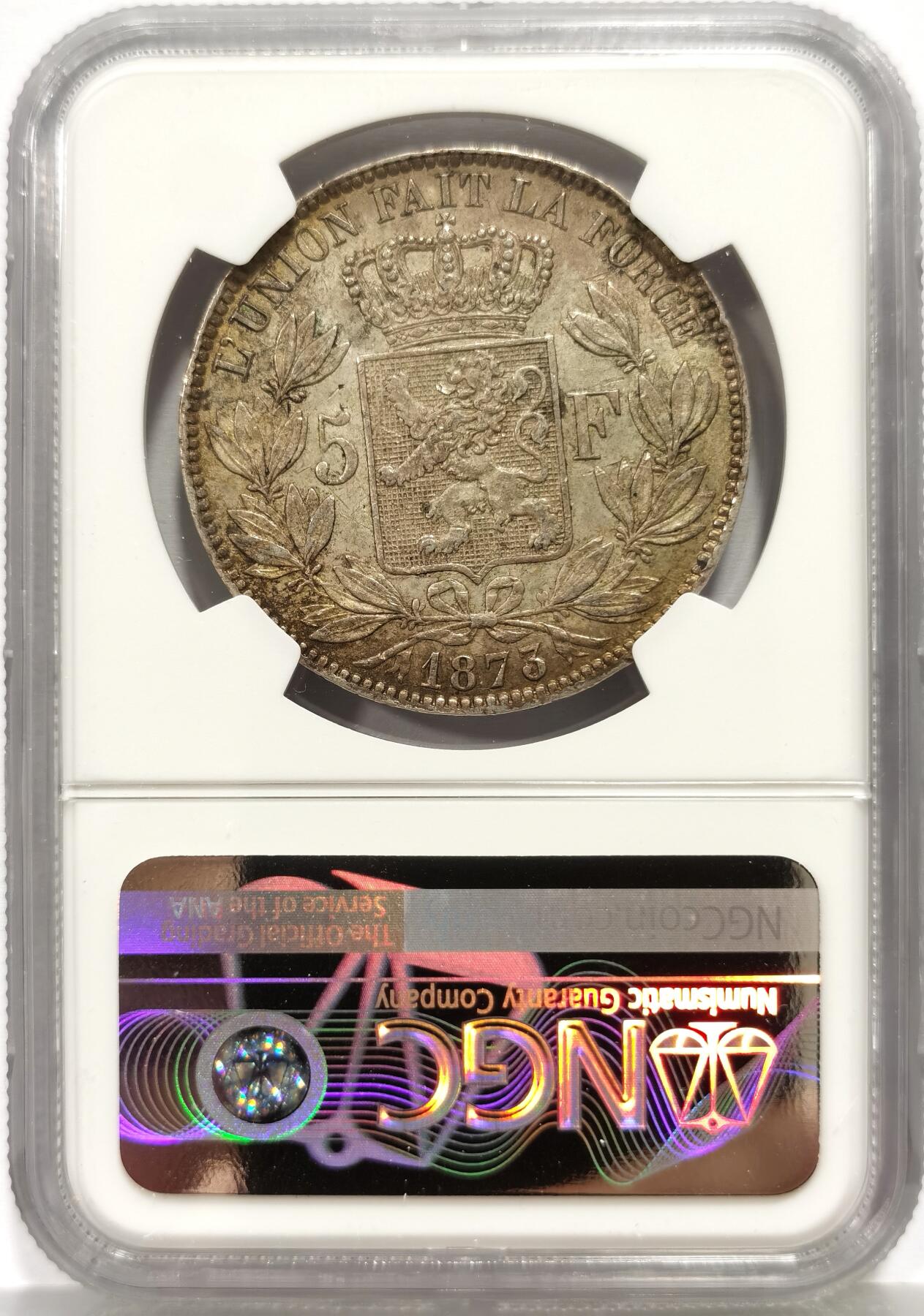 博洋堂“芳菲春韵”3月精品大拍专场暨第166期（全场包邮） NGC MS61 比利时1873年利奥波德二世5法郎银币 胡子细节清晰