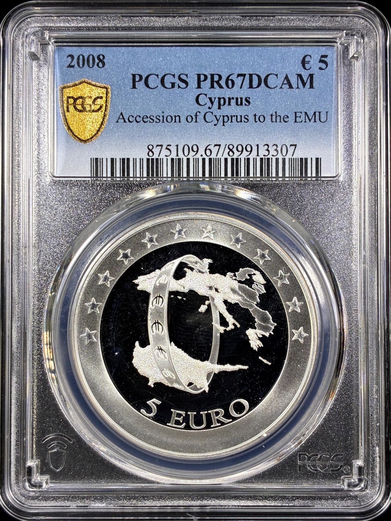 【雨安】【直播拍卖】【第0130期-评级币章】2026-03-28 周六 19:30 (金价981.33, 银价17.11) [评级欧元] Cyprus 欧元 塞浦路斯 5欧元 2008年 加入欧元区 PCGS-PR67DCAM 精制币