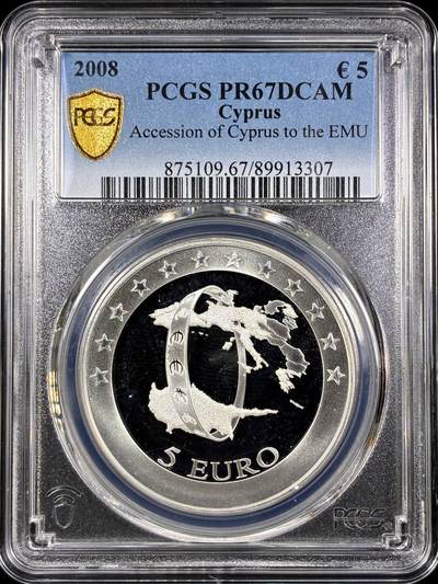 【雨安】【直播拍卖】【第0130期-评级币章】2026-03-28 周六 19:30 (金价981.33, 银价17.11) - [评级欧元] Cyprus 欧元 塞浦路斯 5欧元 2008年 加入欧元区 PCGS-PR67DCAM 精制币