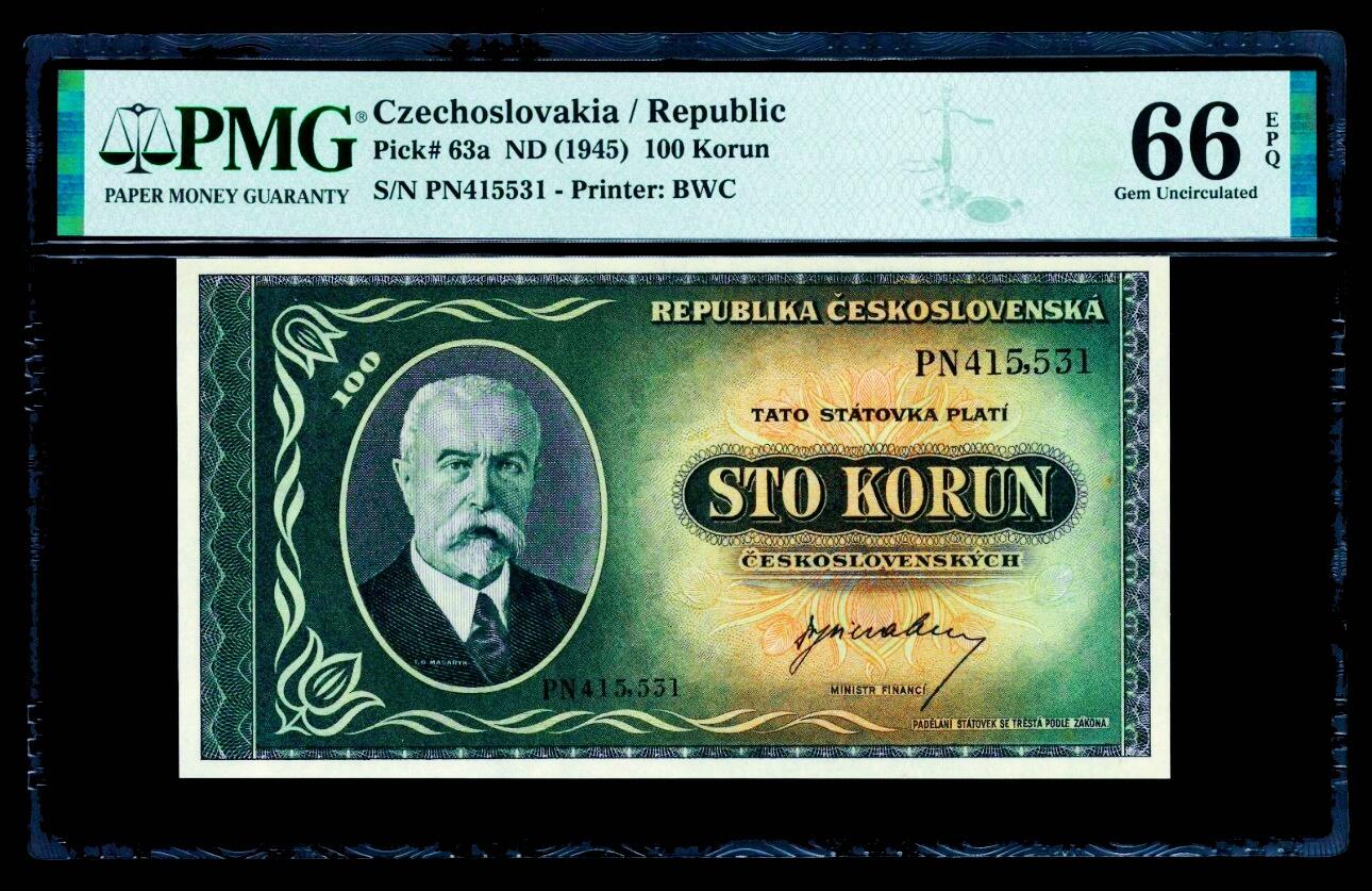 【Blue Auction】世界纸币精拍第799期——18级TOP拍卖/信誉/品质/专业/高效💫 【实钞】捷斯 1945年100克朗 PMG66EPQ BWC出品 