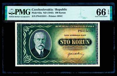 【Blue Auction】世界纸币精拍第799期——18级TOP拍卖/信誉/品质/专业/高效💫 - 【实钞】捷斯 1945年100克朗 PMG66EPQ BWC出品 